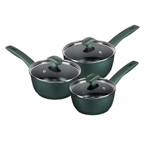 Image of Prestige Earth Friendly Non-Toxic Non-Stick Induction Saucepan Set with Lids – 3 Piece (16cm, 18cm, 20cm), Plant Based Coating, Non Toxic, Made in Italy, Green