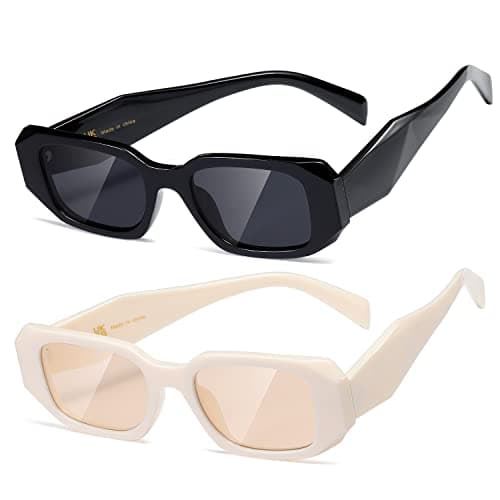 Image of kimorn Rectangle Trendy Sunglasses for Women Men Trendy Retro Trendy Sun Glasses 90’s Vintage Square Frame (Black+off-white Frame Grey Lens)