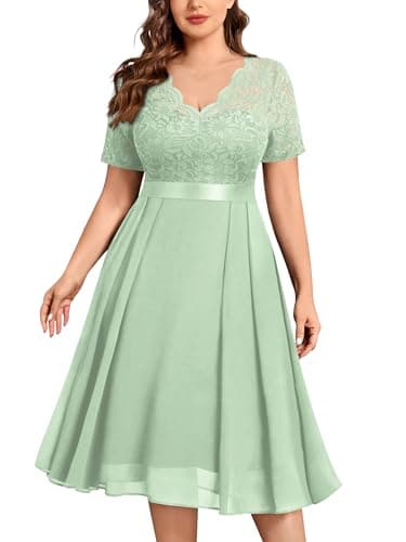 Image of MISSMAY Women's Plus Size Elegant V-Neck Short Sleeve Lace Chiffon Ceremony Cocktail Party Dress (3XL, Mint Green)