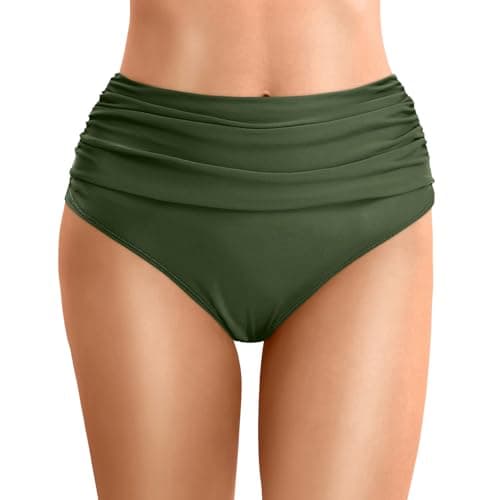 Image of Bikini Bottoms for Women UK Solid Color High Waisted Bikini Bottoms Tummy Control Swimwear Retro Basic Full Coverage Bikinis Tankini Swimsuit Bathing Suit Underwear for Women Girls Teens Army Green