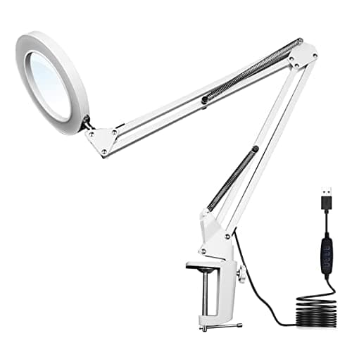 Image of LED Magnifying Lamp, Adjustable 10X Magnifier Desk Lamp with 3 Colors 4.13" Diameter Glass USB Magnifying Lamp with Adjustable Swivel Arm (White)