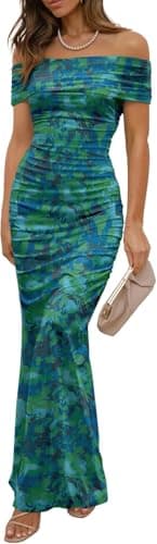 Image of LLECDASEUI Women's Mesh Floral Maxi Dress 2025 Summer Off The Shoulder Ruched Bodycon Long Cocktail Party Fitted Dresses (Green-a,XL)