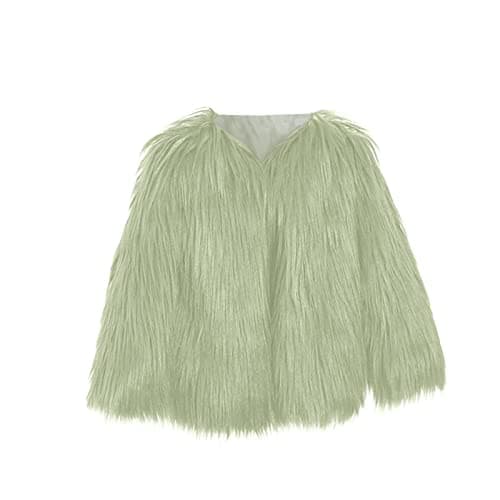Image of Girls Faux Fur Jacket Kids Fluffy Coat Long Sleeve Thick Warm Jacket Plain Soft Cardigan Windproof Coat Solid Color Casual Outwear (Green, 6-7 Years)