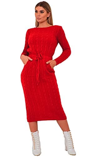 Image of Crazy Girls Womens Cable Knit Belted Midi Dress, Red, ML (UK 12-14)