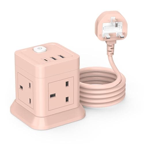 Image of Cube Extension Lead with USB Slots, BEVA 4 Way Multi Plug Power Strip with 3 USB Ports, 3M Desktop Power Extension Socket Extension Cords for Home Dorm Office Travel-Pink