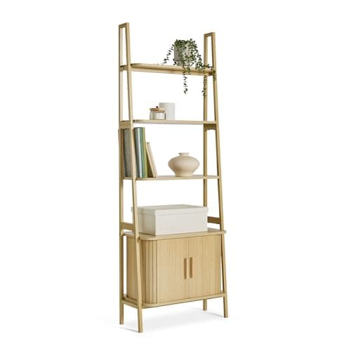 Image of VonHaus Bookcase for Living Room - Tambour Bookshelf with Sliding Doors & Storage - Modern Scandi Look Home office Shelving Unit - Light Wood Effect Slatted Book Case for Hallway - Landos