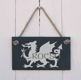 Image of Welsh Slate Hanging Sign "Croeso" with Artistic Welsh Dragon Design