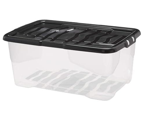 Image of Strata 4 x 42 Litres Curve Plastic Stackable Storage Box & Lid with clip-on lids, Multi storage box for home and office storage solution - Clear/Black Lid