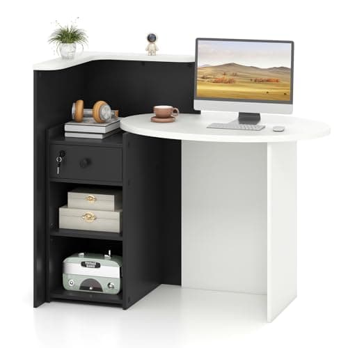 Image of COSTWAY Reception Desk, Front Counter Desk with Lockable Drawer and Adjustable Shelf, Corner Cashier Retail Checkout Table Computer Desk for Beauty Salon Lobby (Black+White, Right Tabletop)
