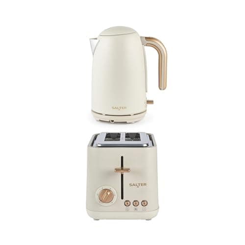 Image of Salter Pebble Kettle & 2-Slice Toaster Set - 1.7L 3KW Rapid Boil Electric Kettle with Boil Dry Protection, 815W Wide Slot Toaster with 6 Browning Levels & Defrost/Reheat/Cancel Functions, Stone