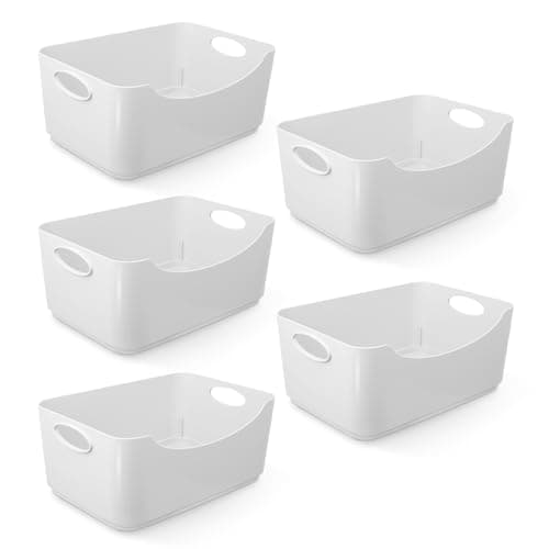 Image of KEPLIN 5 Pack Plastic Storage Baskets with Handles, BPA-Free Dishwasher Safe Organiser Boxes for Kitchen, Bathroom, Pantry, Shelves & Drawers, Lightweight Space-Saving Containers, 22.3 x 14.8 x 10 cm