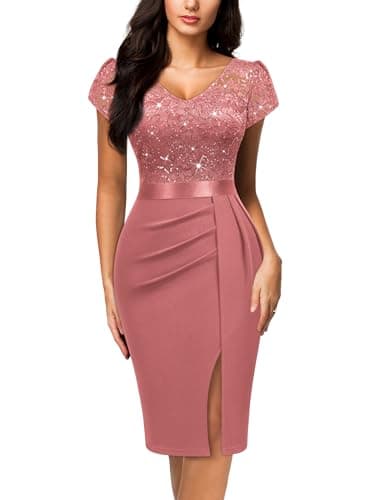 Image of MIUSOL Women's Vintage Floral Lace Sequin V-Neck Split Ruched Business Party Cocktail Formal Wrap Pencil Dress (XX-Large, Dusty Pink)