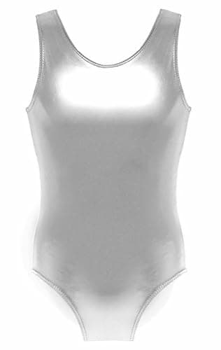 Image of P&R DANCEWEAR LTD Shiny Metallic Wet Look Sleeveless Sexy Bodysuit High Cut One Piece (Silver, 13-14 Years)
