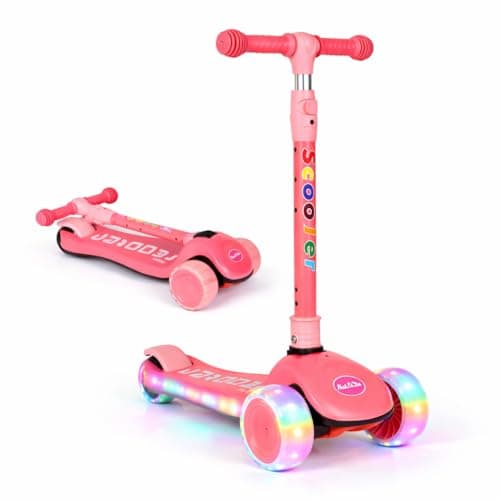 Image of Scale Sports Scooter for Kids Ages 4–7 with Music & LED Light Up Wheels, 3 Wheel Foldable Lean-to-Steer Scooter, Adjustable Height Toddler Scooter for Boys & Girls Pink