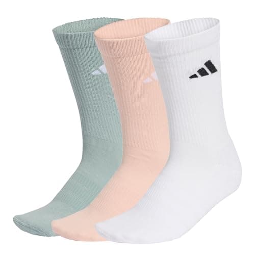 Image of adidas Unisex CUSHIONED SPORTSWEAR CREW SOCKS 3 PAIR PACK, blush pink/white/Wonder Sage, 4.5-6