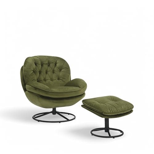 Image of Sage Green Swivel Cuddle Chair and Footstool Set – Elegant Velvet Swivel Armchair with Deep Button Tufting, 360° Rotation & Sturdy Metal Base, Perfect Nursing Chair and Footstool or Accent Seat for