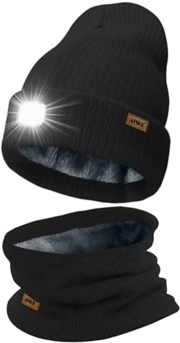 Image of ATNKE LED Lighted Beanie Hat and Scarf Suit,USB Rechargeable 4 LED Running Headlamp Bright Cap with Light Winter Warm Lined Fleece Neck Gaiters and Knit Beany Gifts for Men and Women/Black