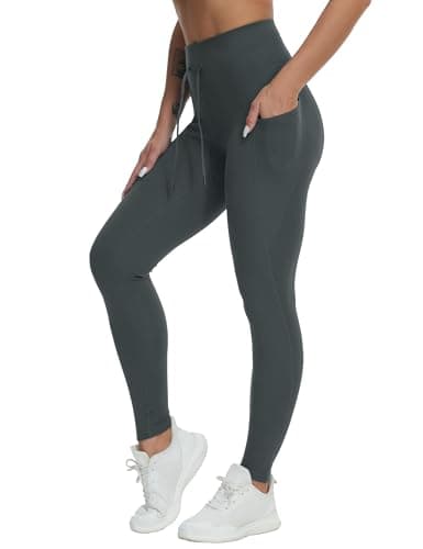 Image of THE GYM PEOPLE Women's High Waist Drawstring Gym Leggings with Pockets Stretchy Tummy Control Yoga Pants for Ladies Sports Running/Grey/M