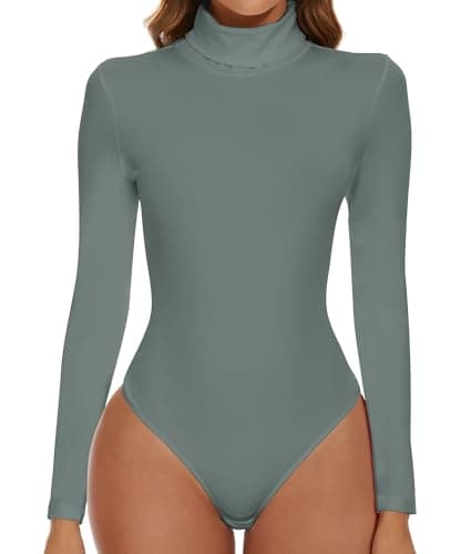 Image of SHAPERIN Bodysuit Turtle Neck Women Long Sleeve Body Suit Women's Bodysuits Tops Leotard One Piece Jumpsuit Top Elegant Grey Green L