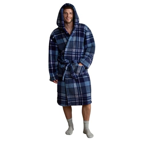 Image of OHS Mens Dressing Gowns Teddy Fleece, Gifts for Men Super Soft Warm Tartan Check Bathrobe with Hood & Pockets Luxury Oversized Fluffy Dressing Gown Men, Navy One Size