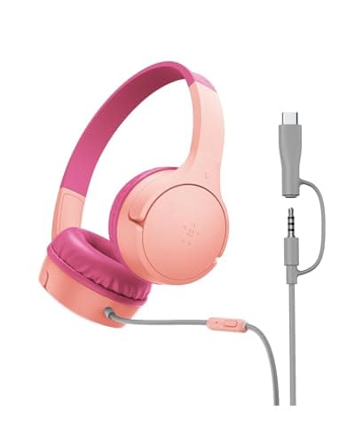 Image of Belkin SoundForm Mini Kids Wired Headphones with USB-C to 3.5mm Dongle, Built-in Mic & Fun Stickers, 85dB Max Volume – for Online Learning, Travel, Compatible with iPhone, iPad, Galaxy, etc - Pink
