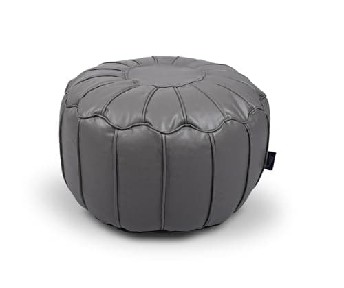 Image of Littens Grey Faux Leather Round Moroccan Beanbag Pouffe Seat Bean Bag Footstool Piped Detailing
