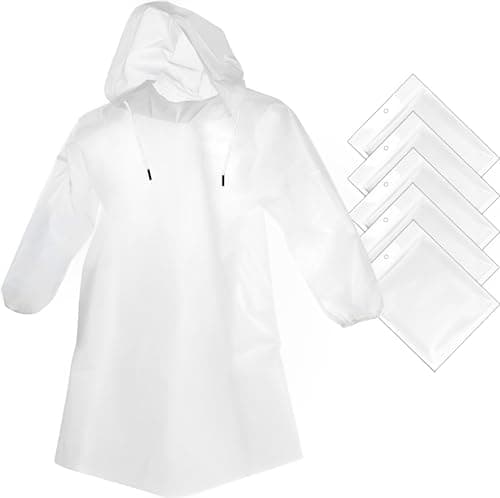 Image of Cosowe Disposable Rain Ponchos, 5 Pack Adults Emergency Raincoats Waterproof Ponchos Transparent Lightweight Rain Coats with Drawstring Hood for Disney, Festivals, Camping, Fishing