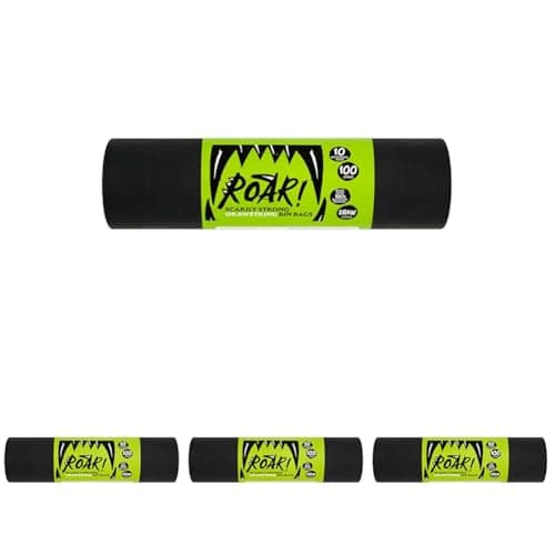 Image of Roar! Bin Bags 100 Litres, 10 Double Drawstring Ultra Strong Black Refuse Sacks, 100% Recycled Plastic, Everyday Use, Household, Office & Kitchen Waste (Pack of 4)