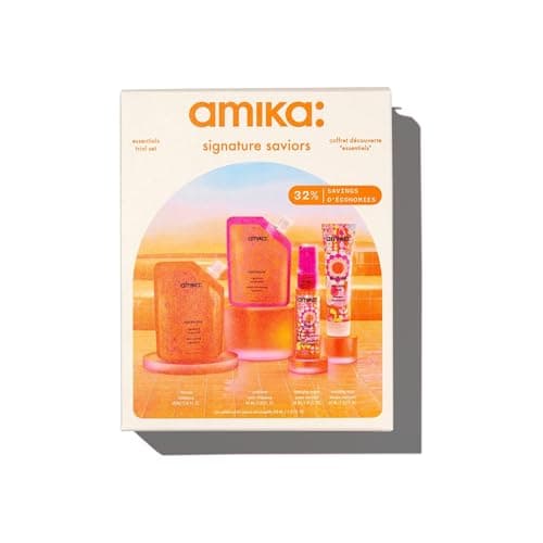 Image of amika signature saviors essential trial set - travel size hair care set with normcore signature shampoo + conditioner, soulfood hair mask + the wizard silicone-free detangling primer (4 pieces)