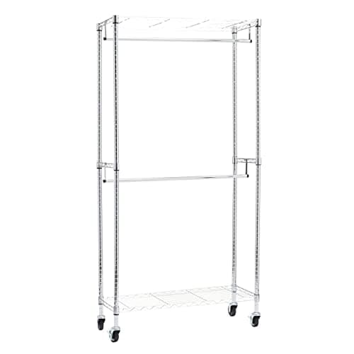Image of Amazon Basics Double Rod Garment Rack / Clothes Rail with Height-Adjustable Shelves - 181kg Max Weight, Chrome, 91 x 36 x 183 cm