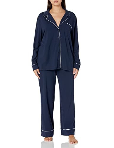 Image of Amazon Essentials Women's Cotton Modal Long-Sleeve Shirt and Full-Length Bottom Pajama Set, Navy, Medium