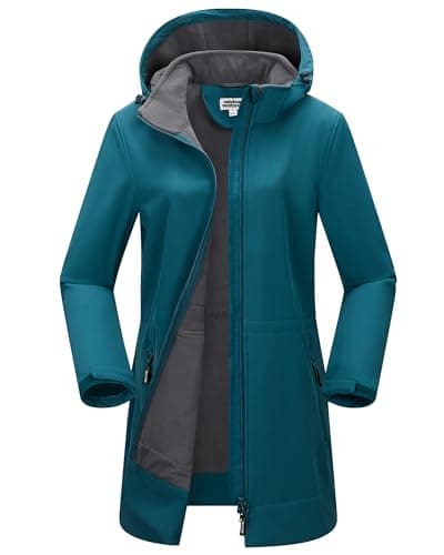 Image of Outdoor Ventures Women's Softshell Long Jacket with Hood Fleece Lined Windproof Jacket for Women Waterproof Windbreaker Blue M