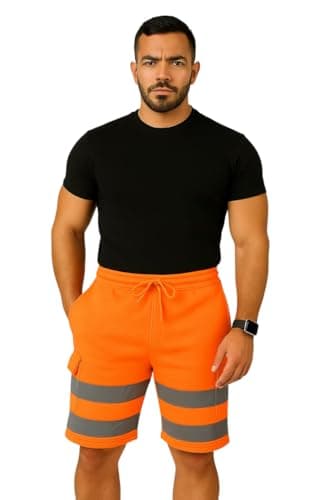 Image of TurnHint® Mens Hi Vis Viz Reflective Tape Work Shorts, High Visibility Safety Utility Workwear Cargo Bottoms Short with Side Pockets (Orange, M)