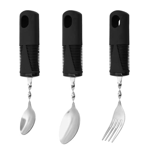 Image of 3-Piece Set Cutlery for Arthritic Hands Fork, Spoon, Teaspoon Disabled Cutlery for Adults Stainless Steel Rubber-Plastic Handle Eating & Drinking Aid Utensils Bendable