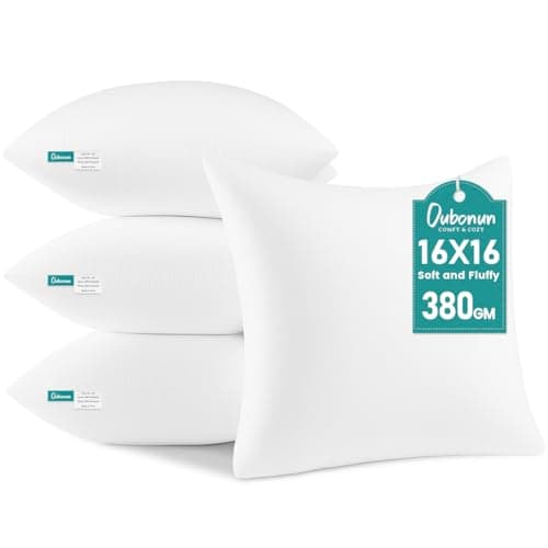 Image of Oubonun Cushion Inserts 40x40cm (Pack of 4) – Soft & Plush Hollowfibre Square Cushion Pads for Sofa or Bed, Machine Washable – White (16x16 Inch)