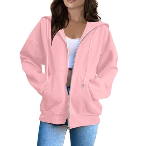Image of Women's Hoodie Full-zip Hoodie Zip-up Hooded Sweatshirt for Women Warm Up Track Jacket Oversized Casual Sweatshirts Plain Loose Long Sleeve Hoodies Lightweight Basic Hooded Sweatshirt Pink