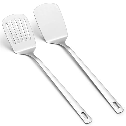 Image of Kyraton Stainless Steel Spatulas Set, Silver Slotted Turner, Solid Turner, Kitchen Spatulas for Nonstick Cookware, Dishwasher Safe, Easy to Clean