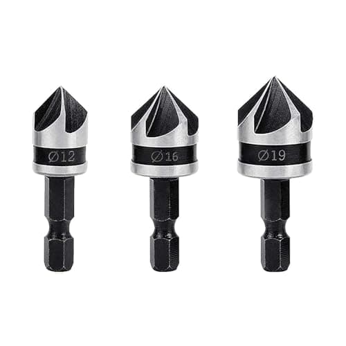 Image of 3 PCS 1/4 Inch Hex Shank, 5 Flute 90 Degree Countersink Drill Bit Set, Counter Sink Drill Bits for Wood, Countersink Bits, for Wood Plastic Aluminium Chamfering(12mm 16mm 19mm)
