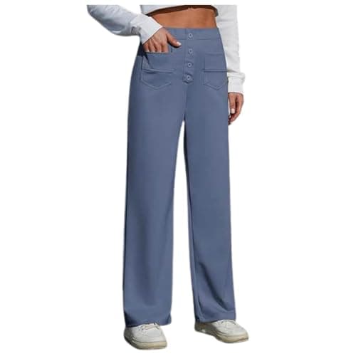 Image of Wide Leg Trousers for Women UK Tailored Office Work Stretch Yoga Pants Ladies Elasticated High Waisted Button Multiple Pockets Pull On Straight Leg Jogger Bottoms Casual Leisure Trousers