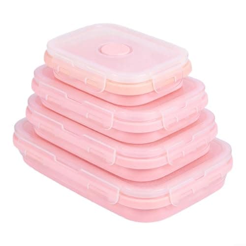 Image of Helilyco 4-Piece Foldable Silicone Food Containers, Leak-Proof Lunch Box Set with Click Closure, to Microwave Safe, Colour-Coded Kitchen Organisation(4pcs Pink)