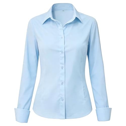 Image of Okdance Womens Long Sleeve Blouse Stretch Fitted Formal Button Down Shirt Wrinkle Business Casual Work Office Ladies Blouses (UK, Alpha, L, Regular, Regular, Blue)