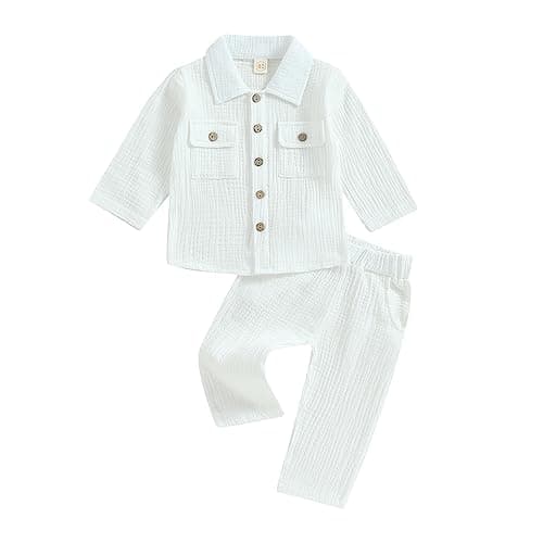 Image of XIXIMAON Toddler Boy 2 Pieces Cotton Linen Clothes Set Solid Color Long Sleeve Button Down Shirt Pants Set Summer Fall Outfits Set Baby Shower Clothes (White, 12-18 Months)