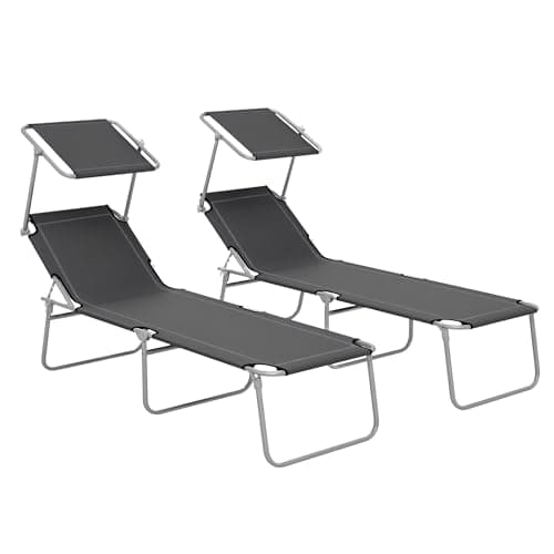 Image of Outsunny Outdoor Foldable Sun Lounger Set of 2, 4 Level Adjustable Backrest Reclining Sun Lounger Chair with Angle Adjust Sun Shade Awning for Beach, Garden, Patio, Grey
