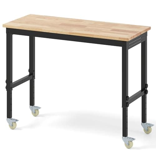 Image of TANGZON Height Adjustable Workbench, Heavy Duty Metal Frame Wide Top Rolling Garage Work Bench with 4 Lockable Universal Wheels, Indoor Outdoor Large Workstation (4-Level Adjustable, Natural + Black)