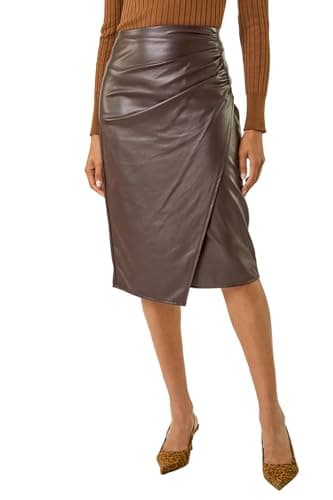 Image of Roman Faux Leather Ruched Wrap Skirt for Women UK - Ladies Autumn Everyday Winter Holiday Midi Length Comfy Soft Feel Zip Fastened Evening Night Out Skirts - Chocolate - Size 16