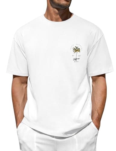 Image of TOMEEK Mens T Shirt Graphic T-Shirts Casual Short Sleeve Cotton Tee Shirts Palm Tree Print Summer Top Cool California T-Shirts for Men UK,White,M