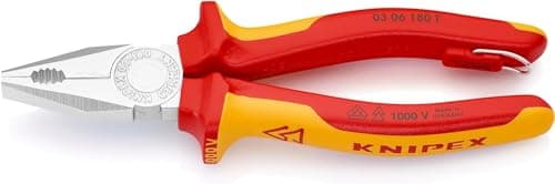 Image of KNIPEX Combination Pliers in Blister Chrome-Plated Insulated with Multi-Component Grips, VDE-Tested with Integrated Insulated Tether, 03 06 180 T BK
