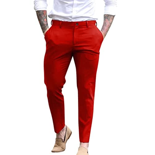Image of Mens Classic Casual Business Office Work Smart Pants Formal Dress Pants Comfort Flat-Front Stretch Pleated Chino Golf Trousers Loose Straight Leg Everpress Pants Cotton Twill Long Slacks Red