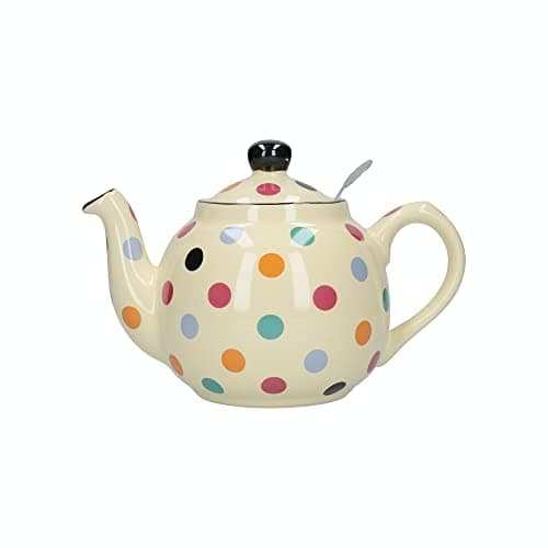 Image of London Pottery Farmhouse Polka Dot Teapot with Infuser, Ceramic, Ivory/Multi Spot, 4 Cup (1 Litre)