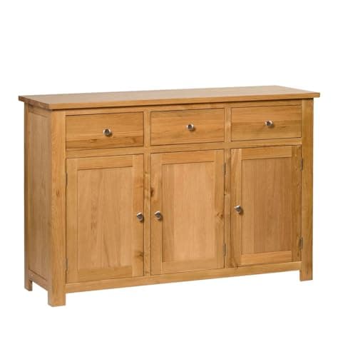 Image of Hallowood Furniture Waverly Oak Sideboard Storage Cabinet with 3 Drawers and Cupboard, Large Wooden Sideboards for Living Room, Oak Furniture for Bedroom, Dining Room, Kitchen or Hallway